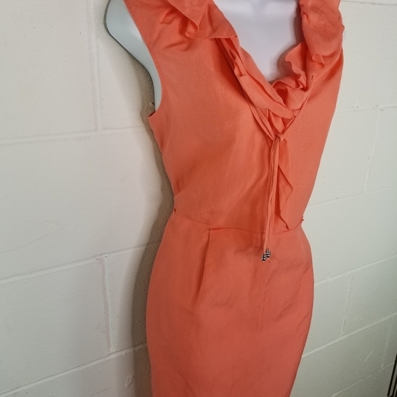 Elie Tahari Christie peach coral linen blend ruffle midi dress - Picture 4 of 11